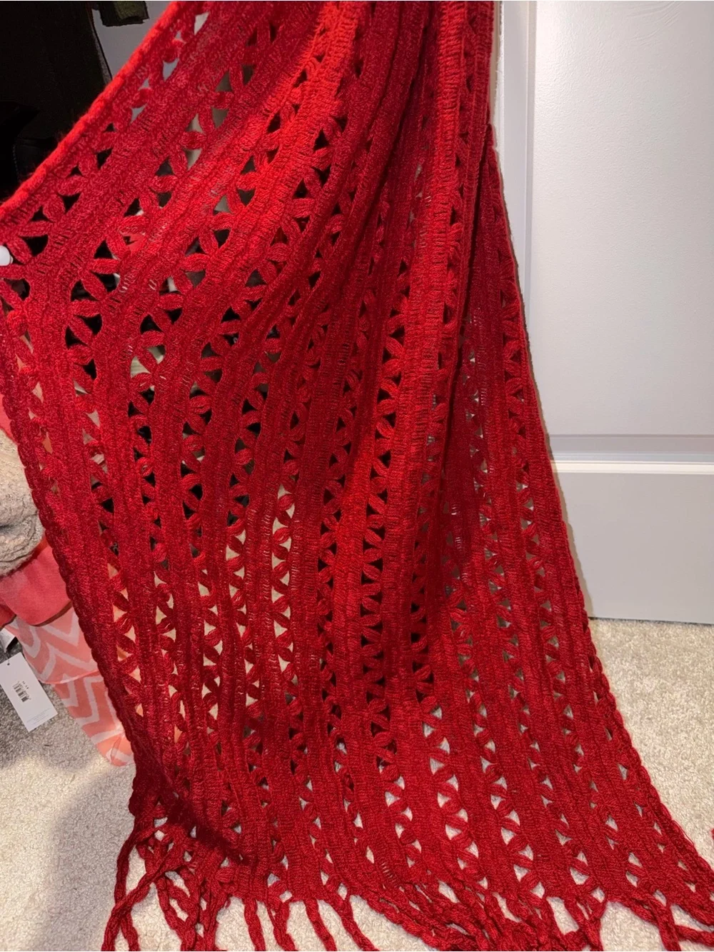 Long Chunky Knit Red Fringe Scarf